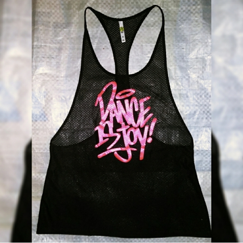 Zumba Dance is Joy Mesh Tank Top size Large Medium Small Black Metallic Pink